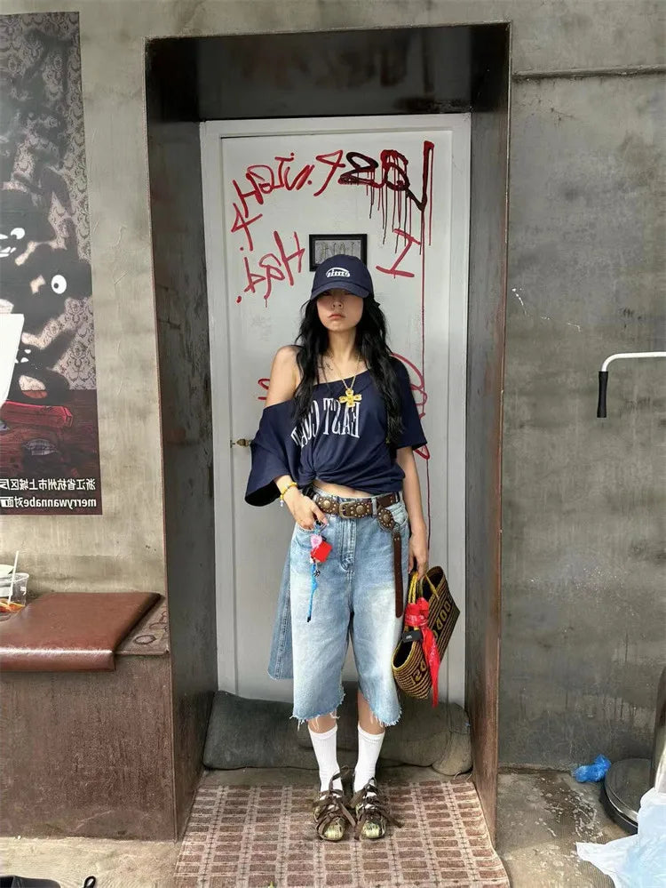 Blue East Cost Off Shoulder Graphic T Shirts