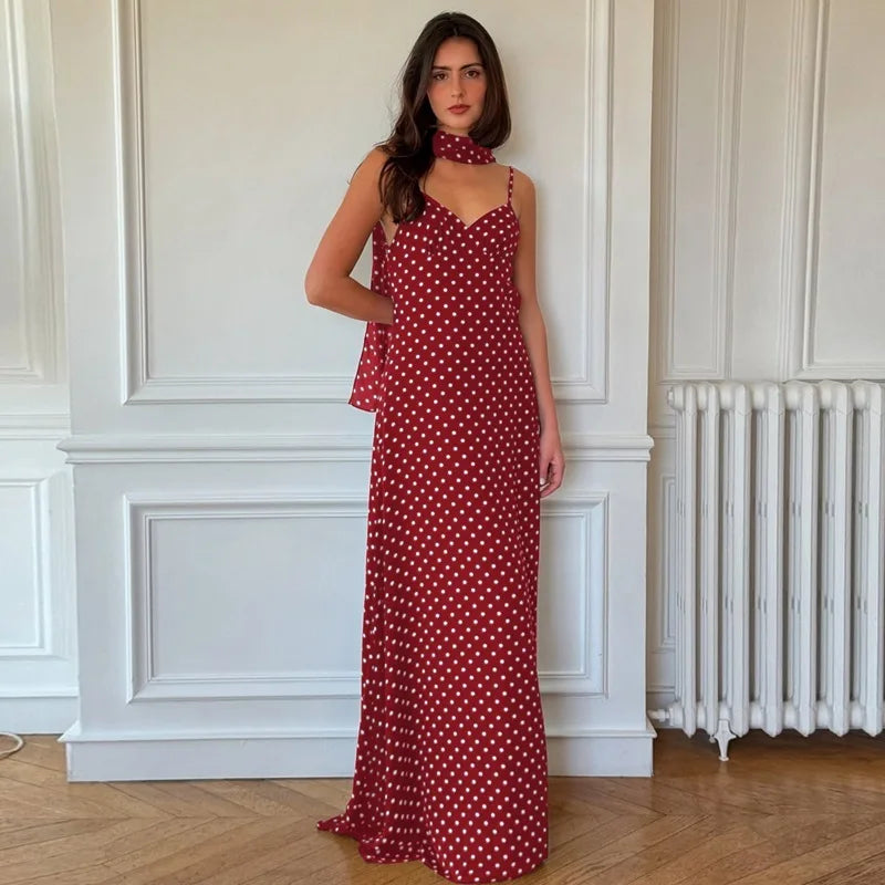 Scarf Spaghetti Strap Polka Dot Maxi Dress