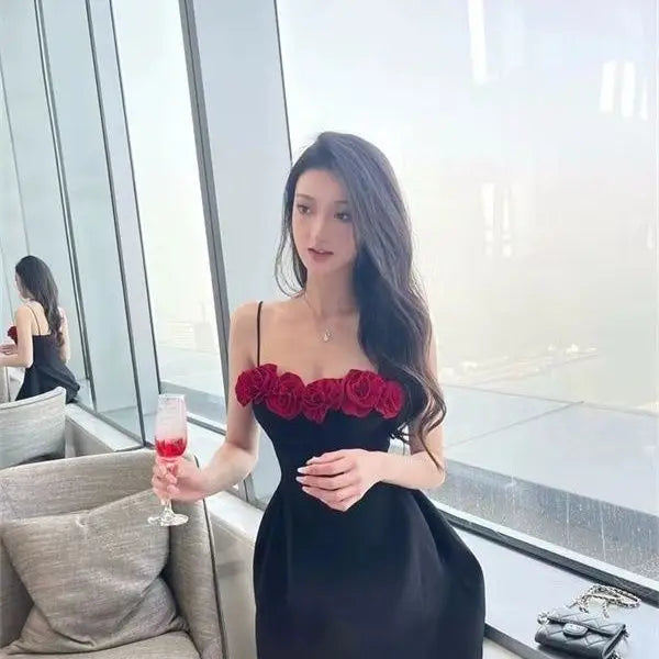 Black Cami 3D Red Flower Mini Dress