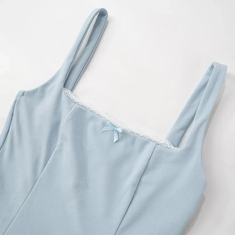 Blue Square Neck Strap Mini Dress