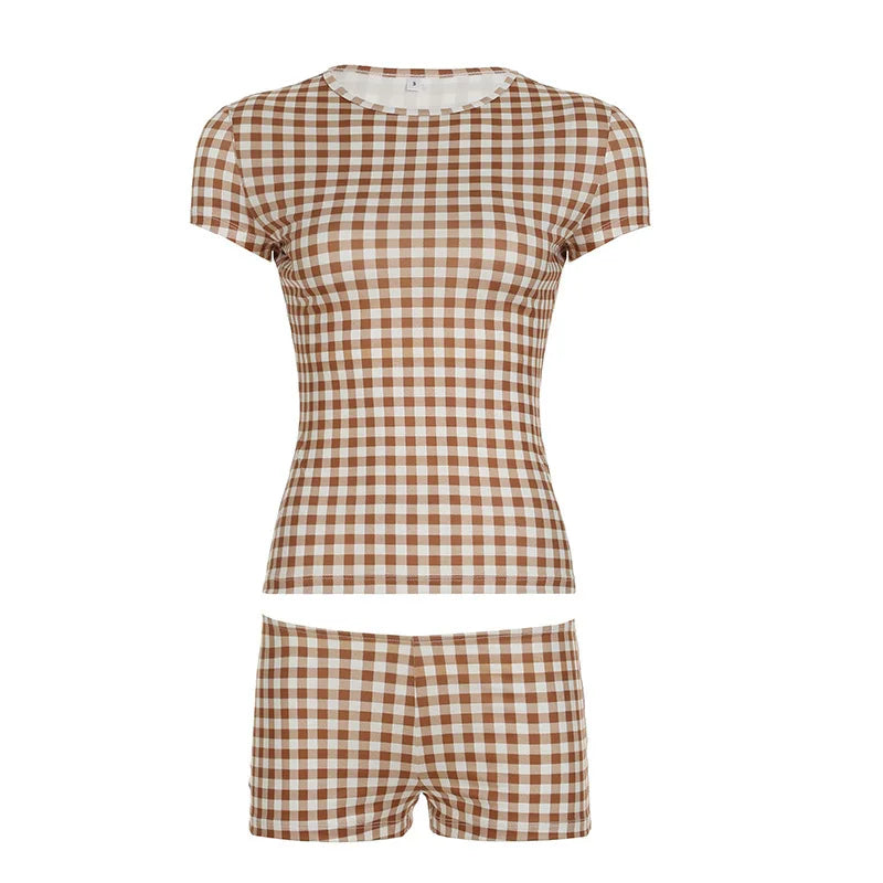 Brown Plaid Short Sleeve Top And Shorts Set 