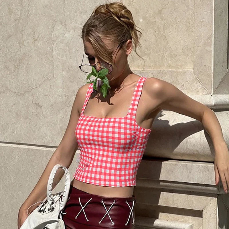 Plaid Print Square Collar Crop Tank Top
