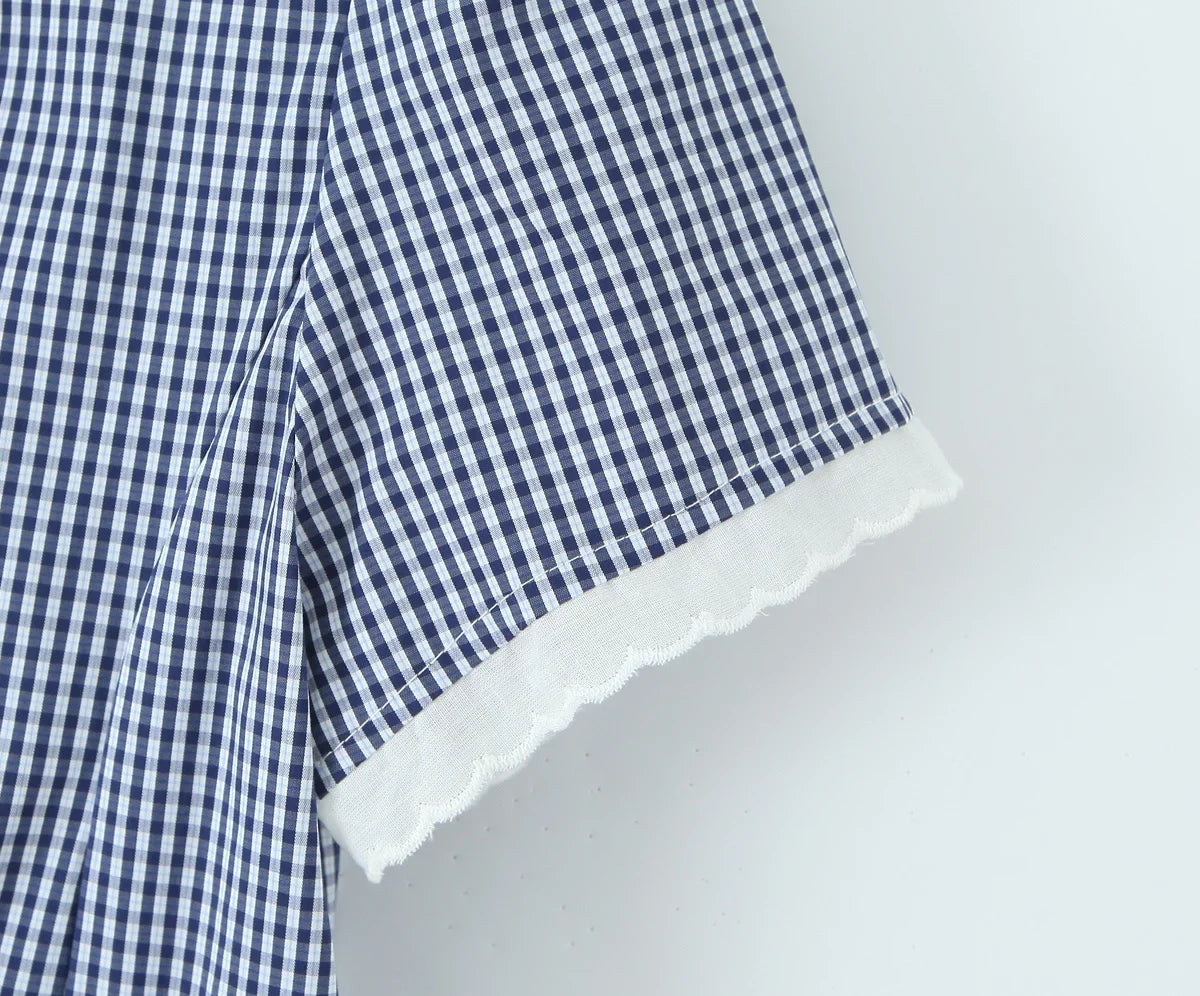 Plaid Short Sleeve Lapel Collar Top