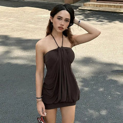 Brown Halter Strap Puff Mini Dress