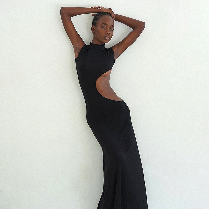 Black Mock Neck Tank Side Cut Out Maxi Dress