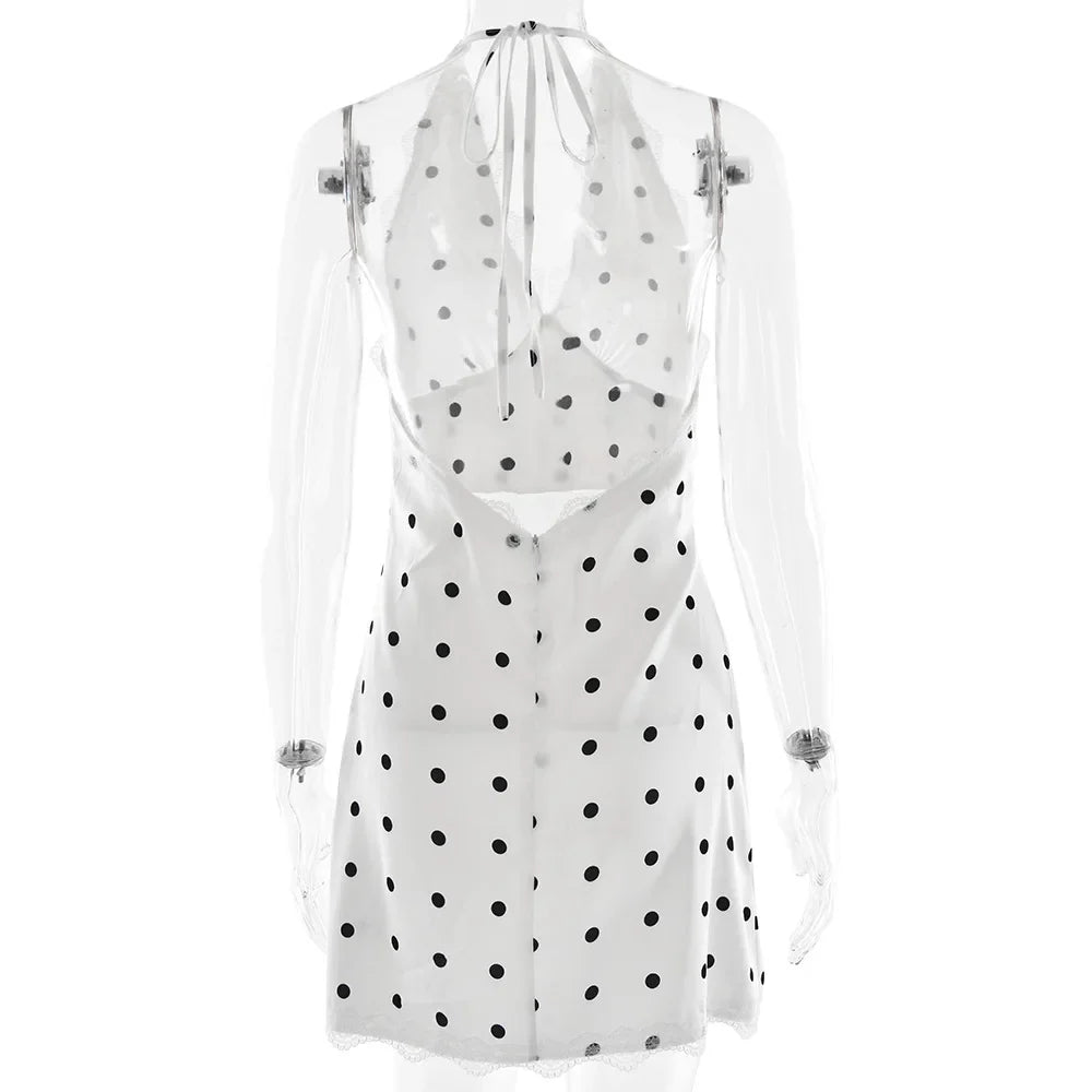 White Satin Polka Dot Lace Trim Mini Dress