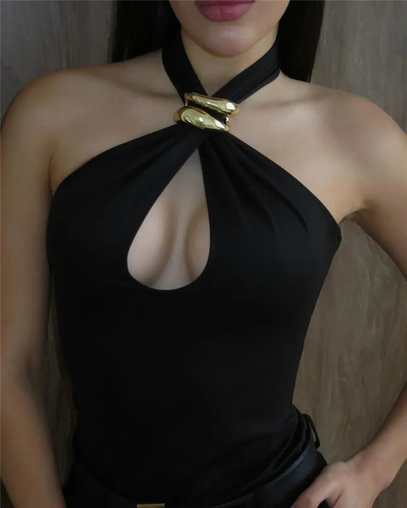 Halter Hollow Out Metal Ring Design Top