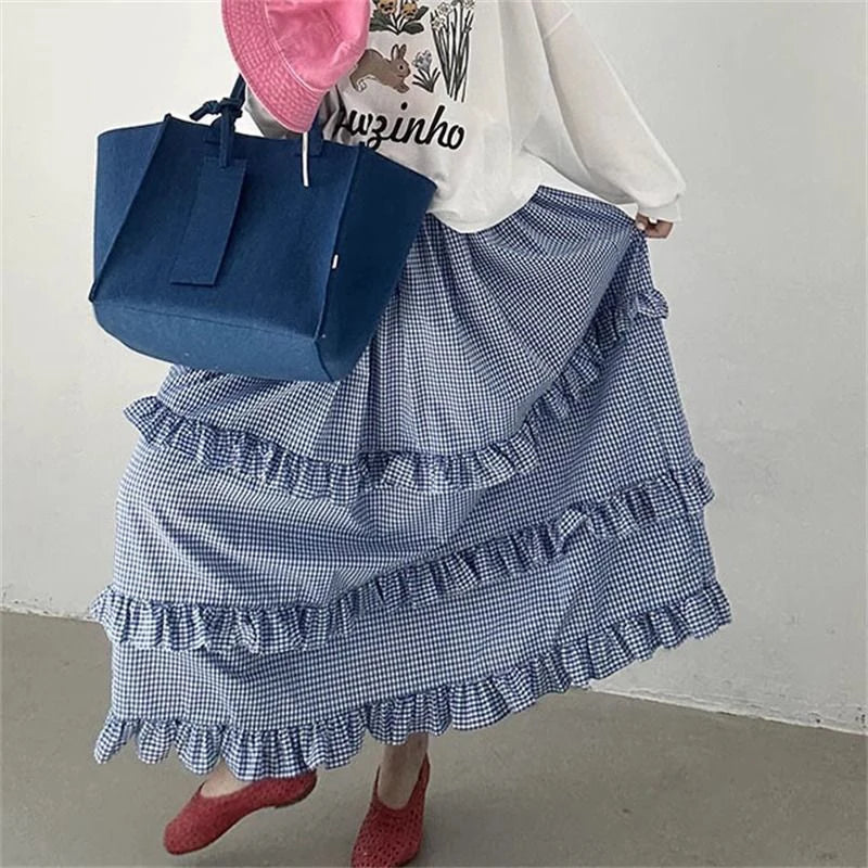 Blue Ruffles Plaid Long Skirt - Preppy A-Line