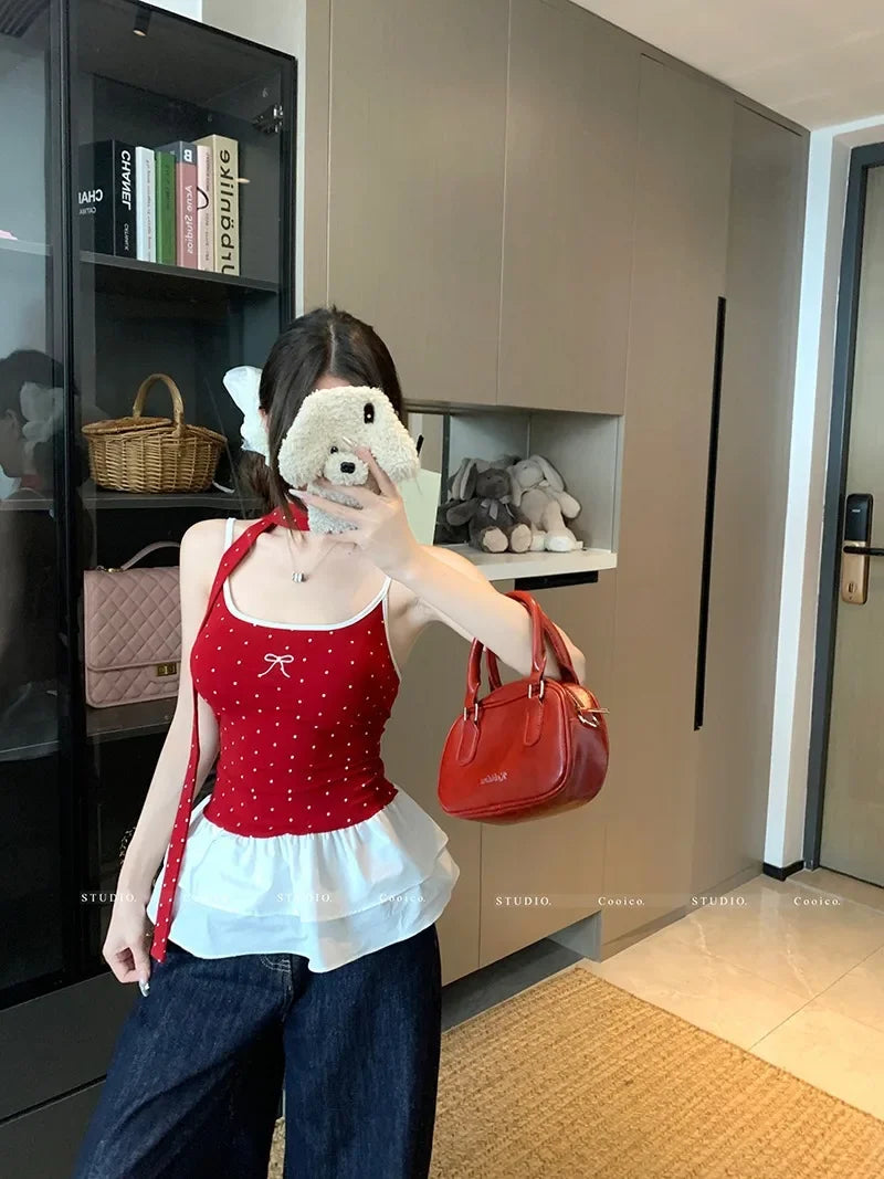 Red Polka Dot Bow Frill Top