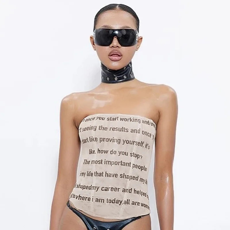 Letter Printed Mesh Strapless Crop Top - High Stretch Tank