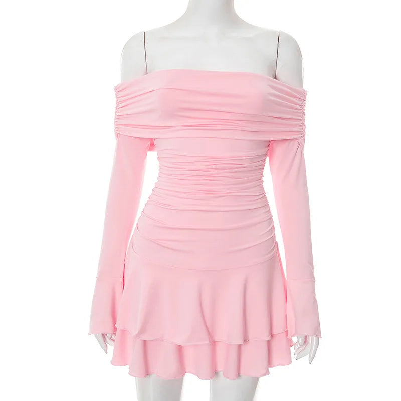 Long Sleeve Off-shoulder Ruched Frill Mini Dress