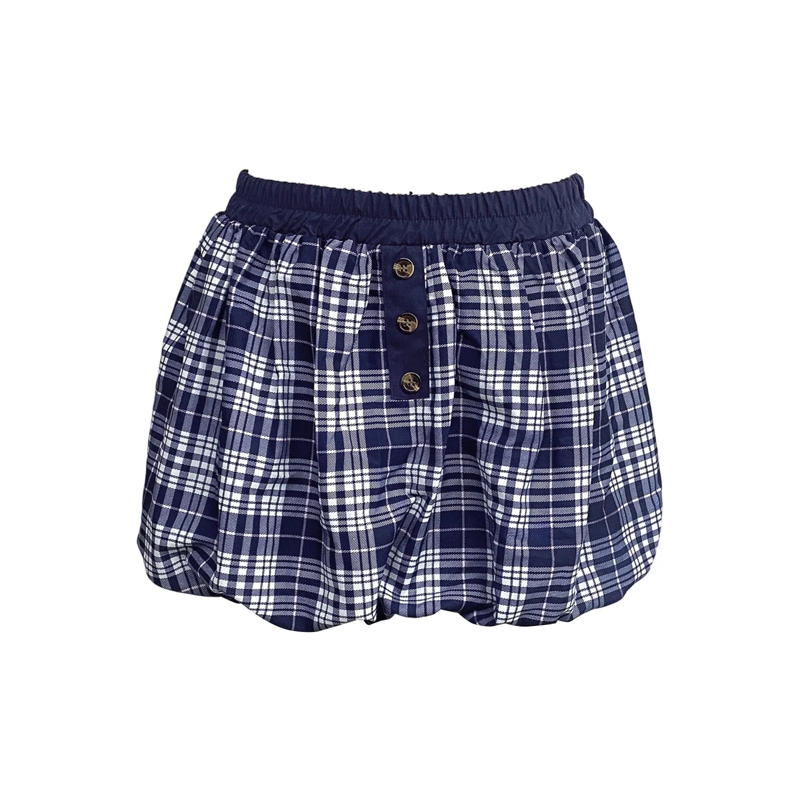 Blue Plaid Elastic High Waist Mini Skirt - A-Line Fit