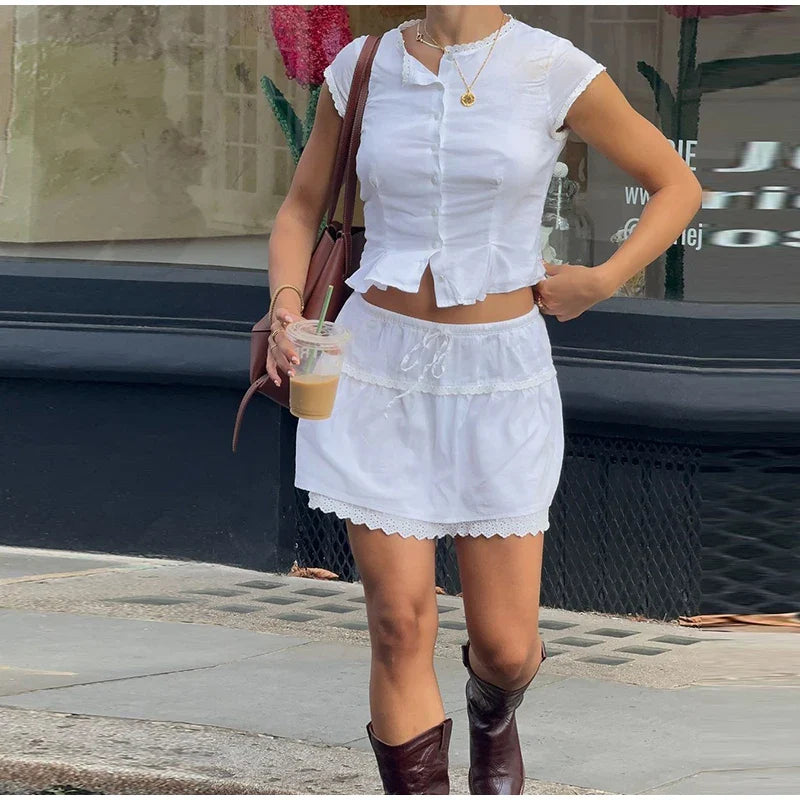 White Short Sleeve Top And Mini Skirt Set