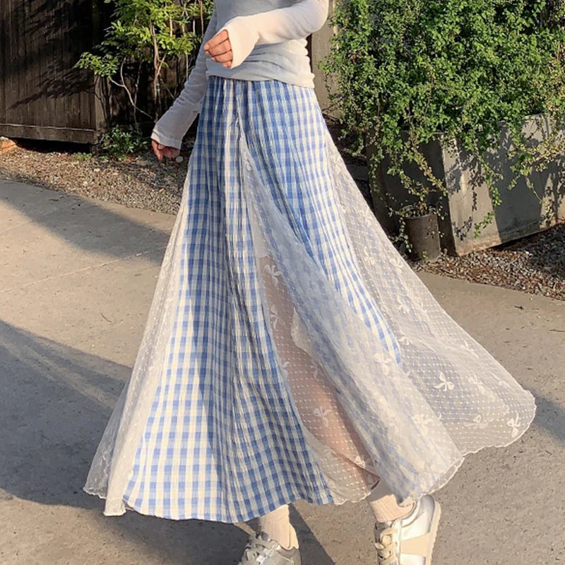 Lace Spliced Blue Plaid Long Skirt