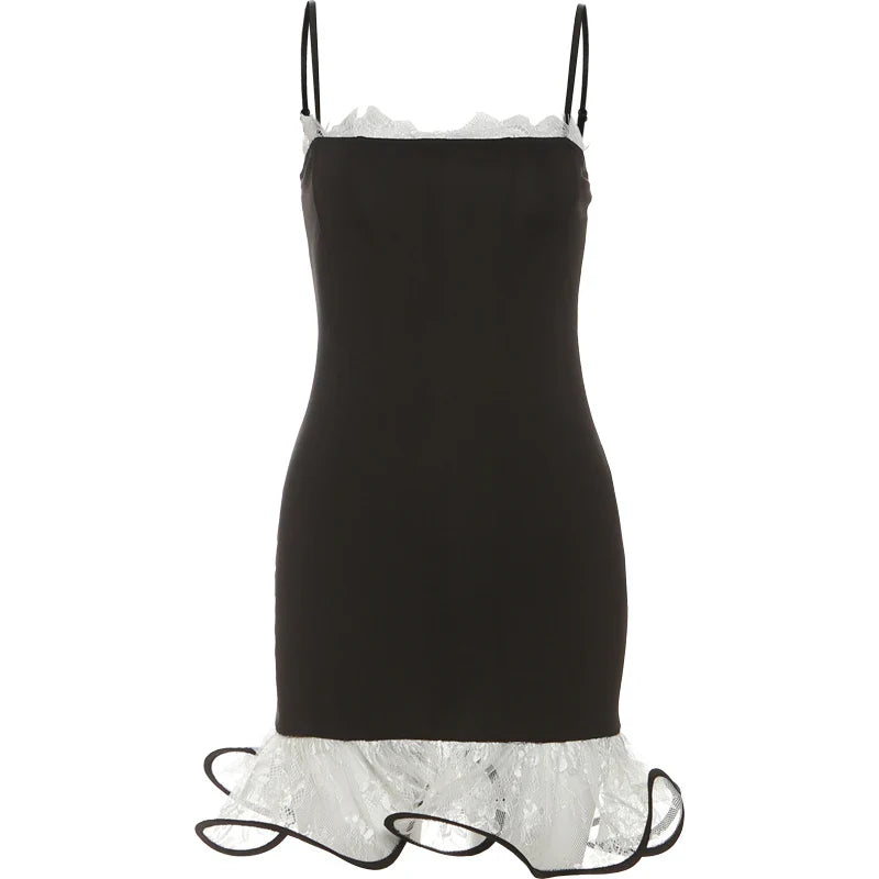 Black Solid Cami Lace Frill Trim Mini Dress