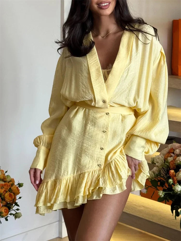 Yellow Ruffled V-Neck Mini Dress