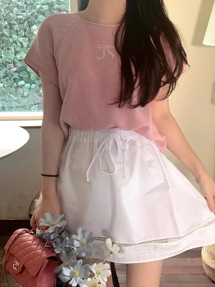 Round Neck Bow Print Short Sleeved Knitted Top