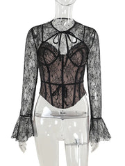 Black Long Sleeve Lace Tie Up Corset Top