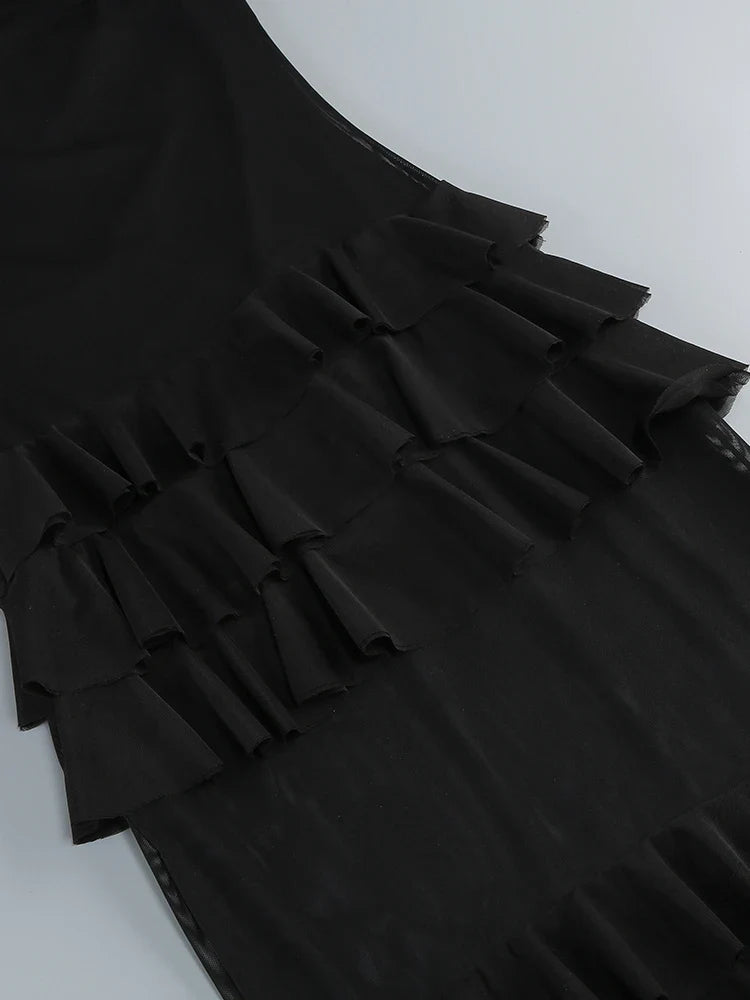 Black Ruffles Patchwork Strapless Maxi Dress