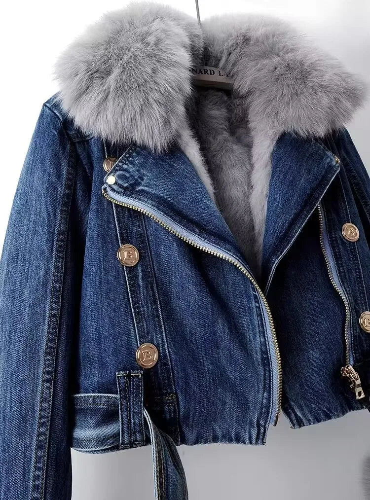 Faux Fur Collar Lining Denim Jacket