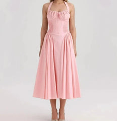 Pink Halter Drawstring Midi Dress