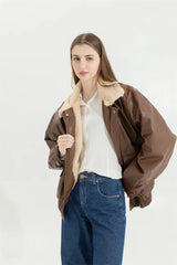 Faux Leather Lining Bomber Jacket