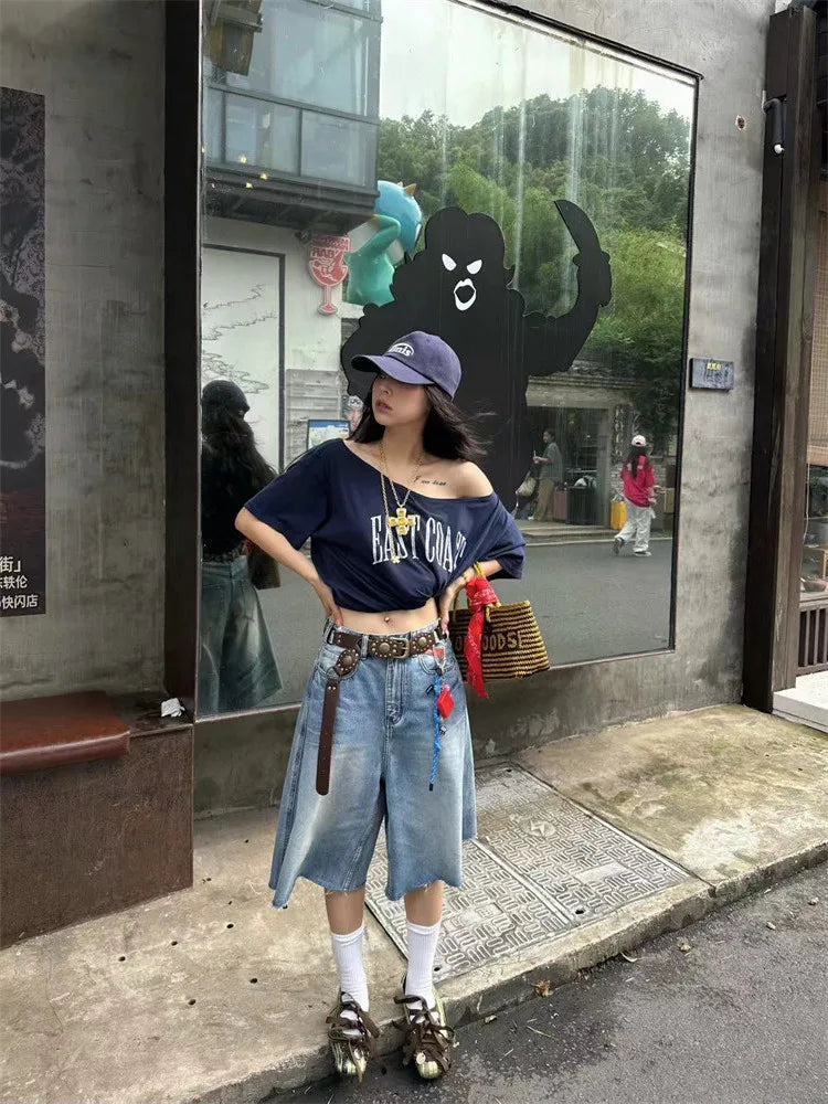 Blue East Cost Off Shoulder Graphic T Shirts