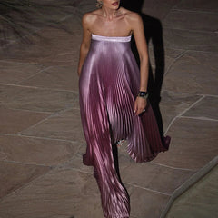 Pink Sleeveless Gradient Pleated Long Dress
