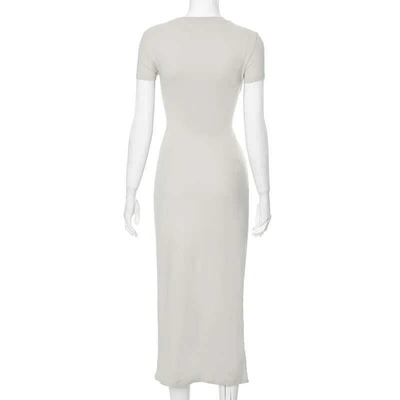 Crewneck Solid Short Sleeve Bodycon Long Dress