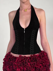 Halter Braid Zipper Corset Top