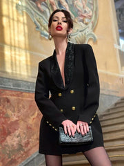 Red Sequin Collar Open Back Blazer Dress