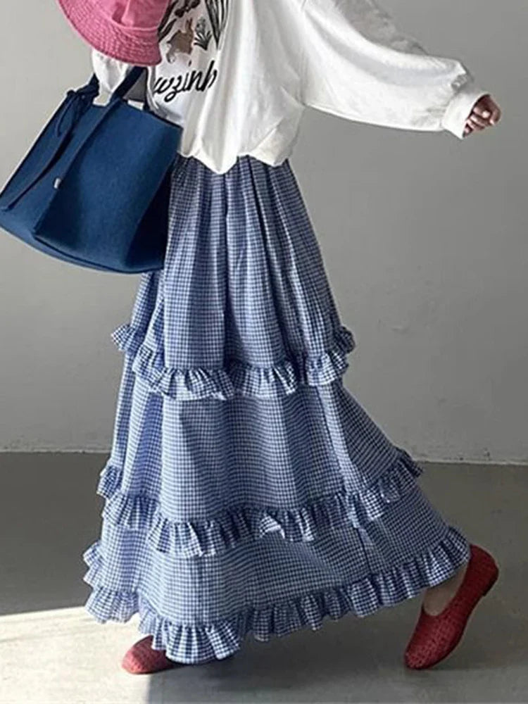 Blue Ruffles Plaid Long Skirt - Preppy A-Line