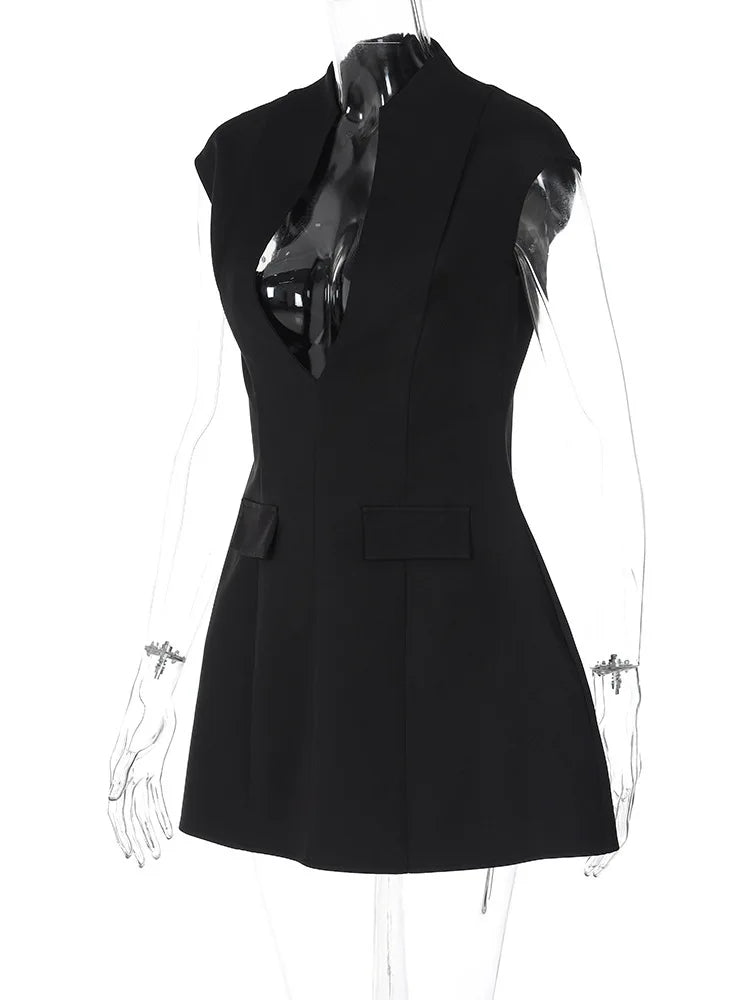 Black Deep Neck Short Sleeve Solid Mini Dress