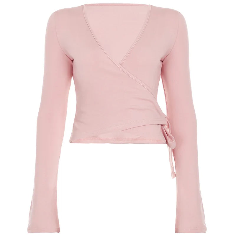 Solid Wrap Around Top And Drawstring Pants Set
