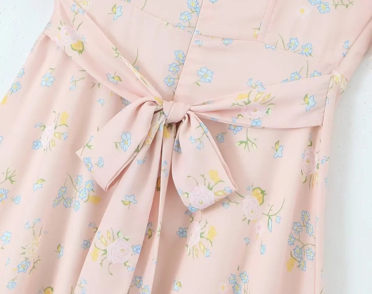 Floral Print Puff Ruffles Sleeve Midi Dress