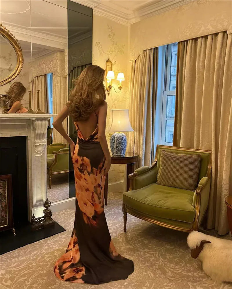 Brown Satin Floral Print Maxi Dress