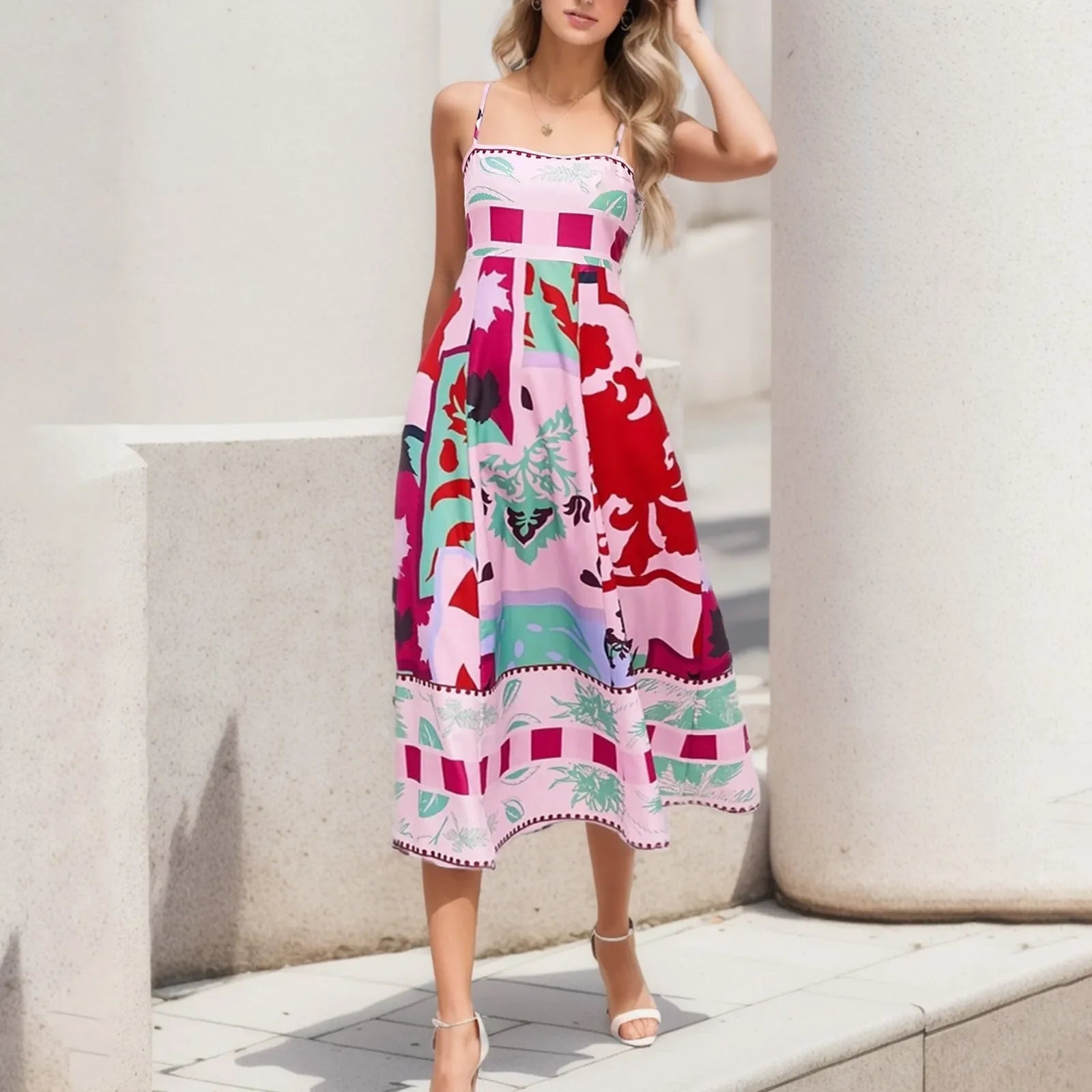 Boho Floral Printed High Waist A Line Swing Midi Dress