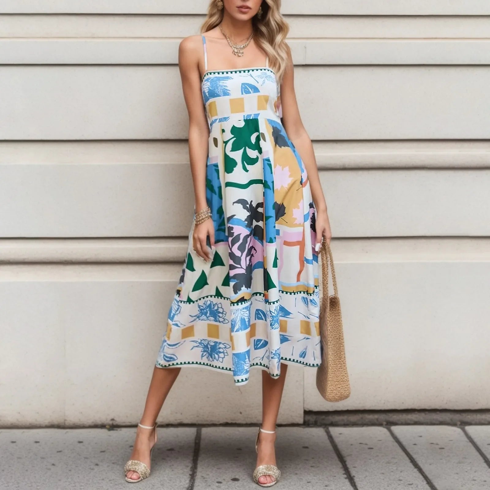 Boho Floral Printed High Waist A Line Swing Midi Dress