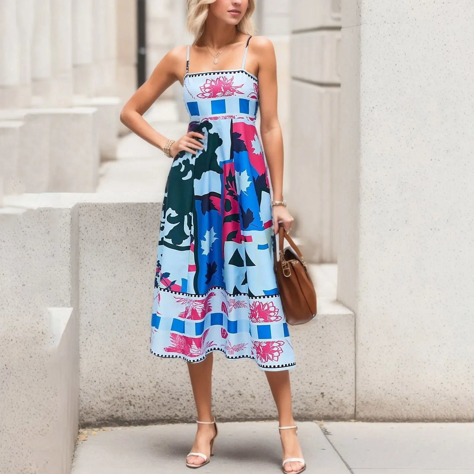 Boho Floral Printed High Waist A Line Swing Midi Dress