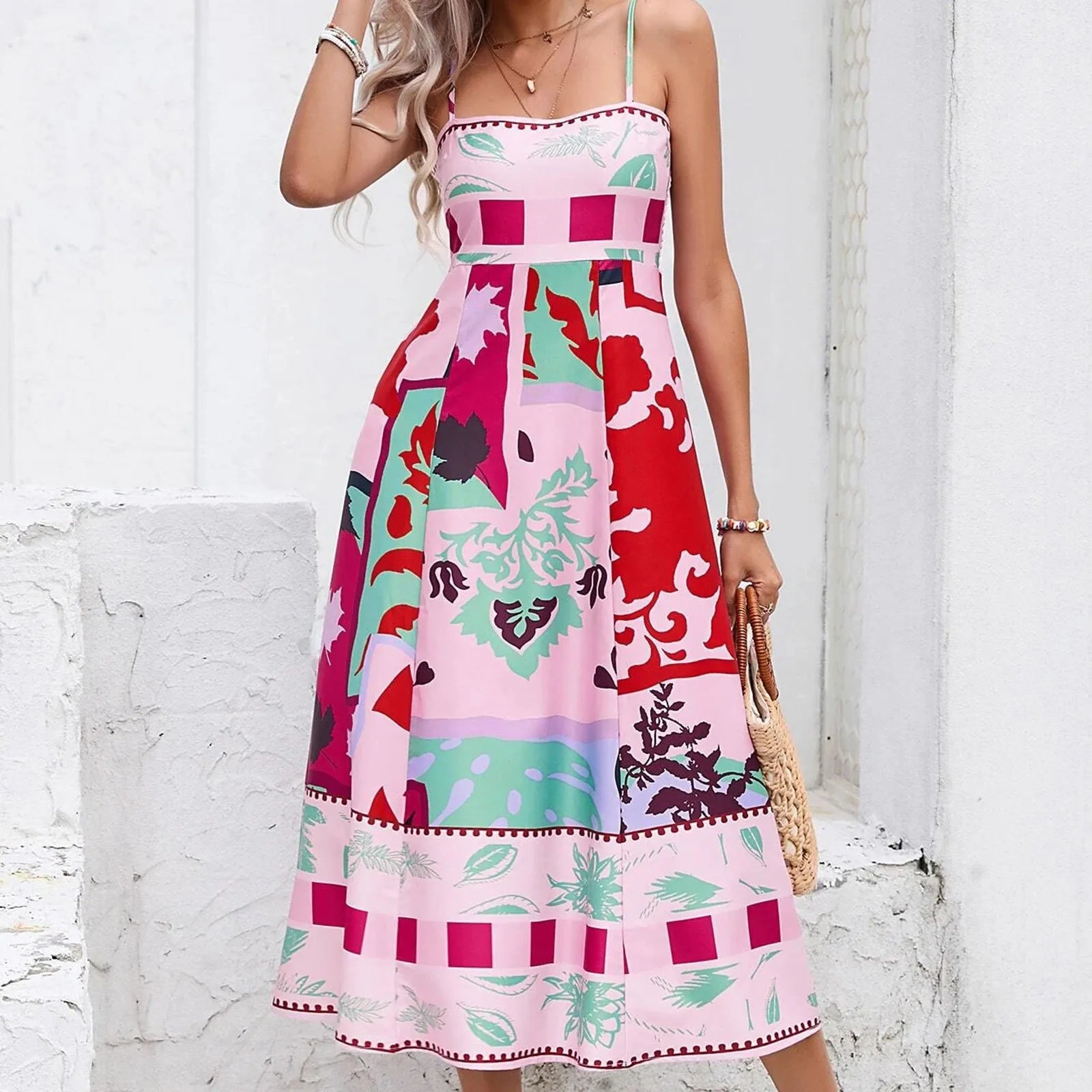 Boho Floral Printed High Waist A Line Swing Midi Dress