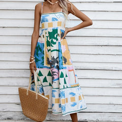 Boho Floral Printed High Waist A Line Swing Midi Dress