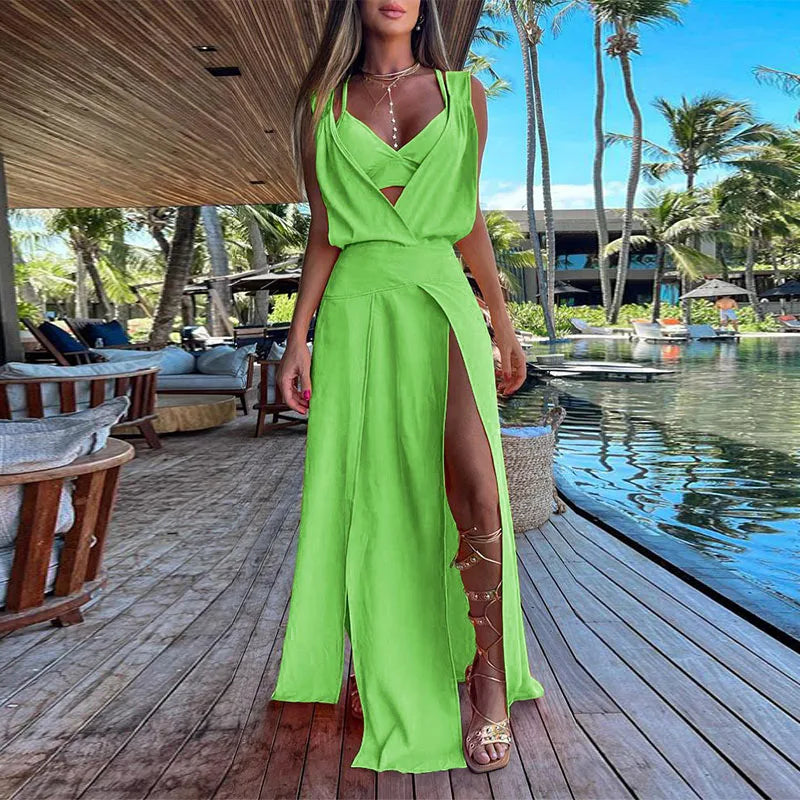 Elegant Solid Sleeveless Hollow Boho Beach Dress