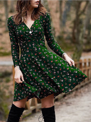 Vintage Floral Printed Green A line Swing Boho Dress