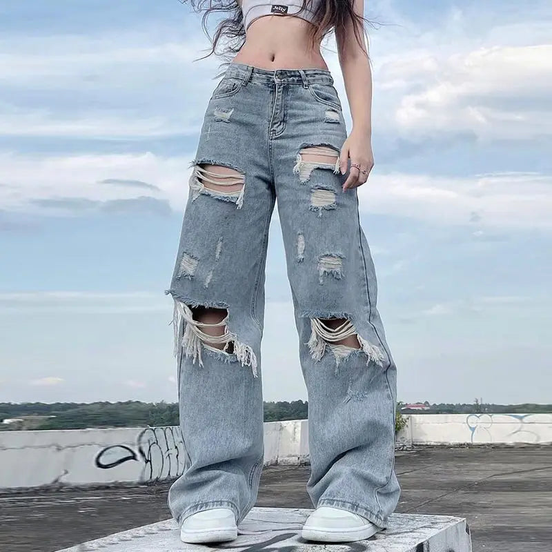 Streetwear Mid Waist Ladies Cargo Pants Straight Style