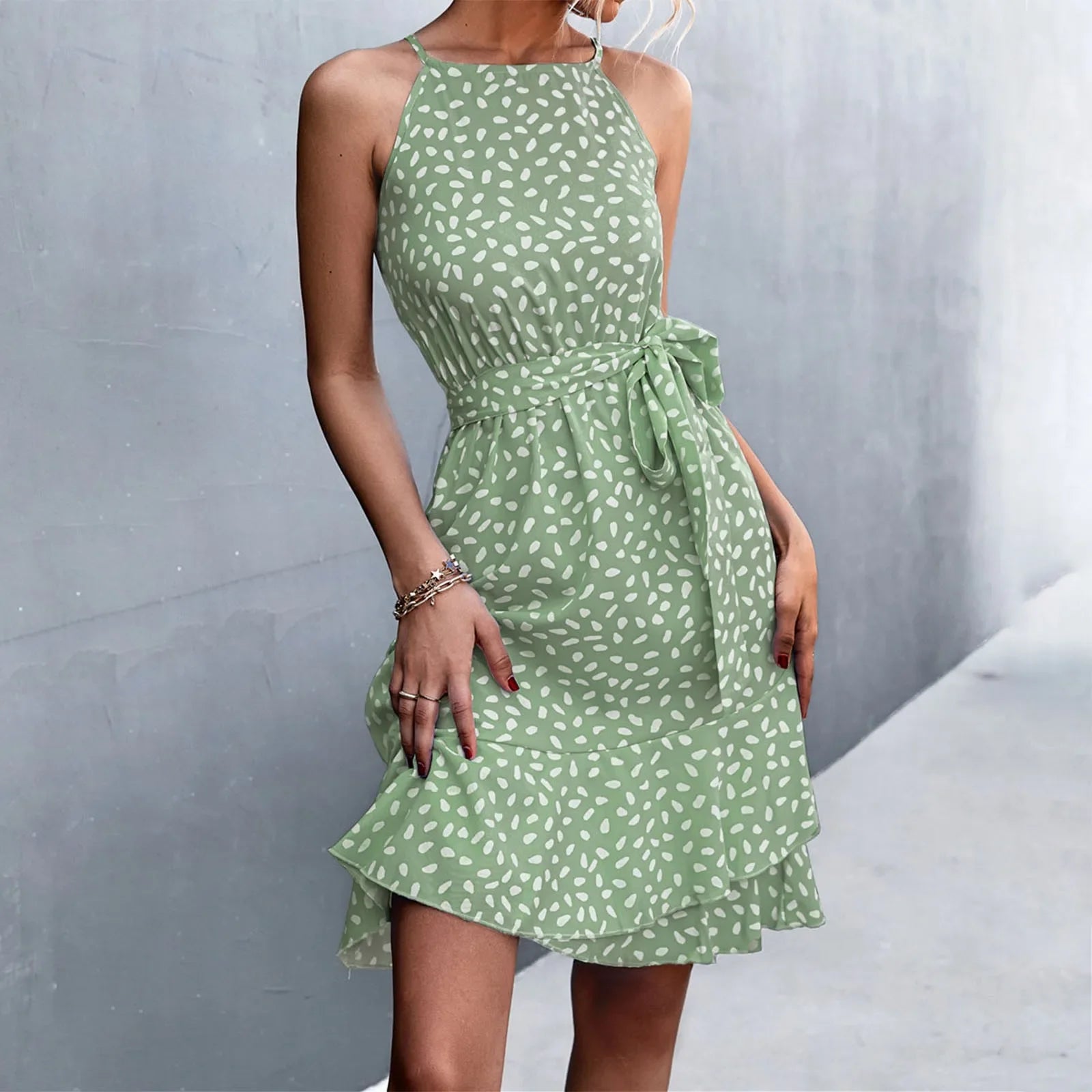 Boho Floral Print Sling Lace Up Belted Midi Dress