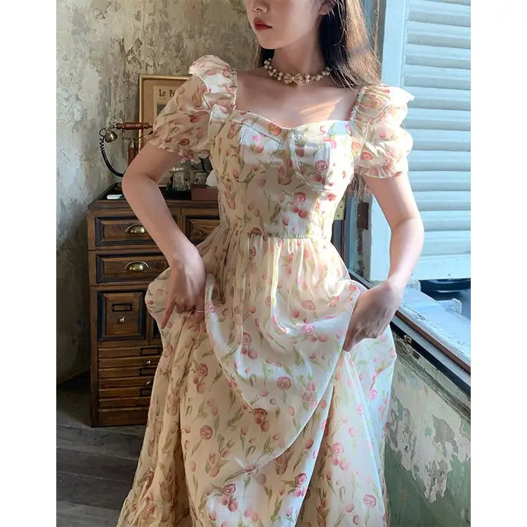 Short Sleeve Floral Print Holiday Korean Female Floral Dress