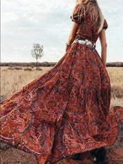 Elegant High Waist Bohemian Floral Print Maxi Boho Dress