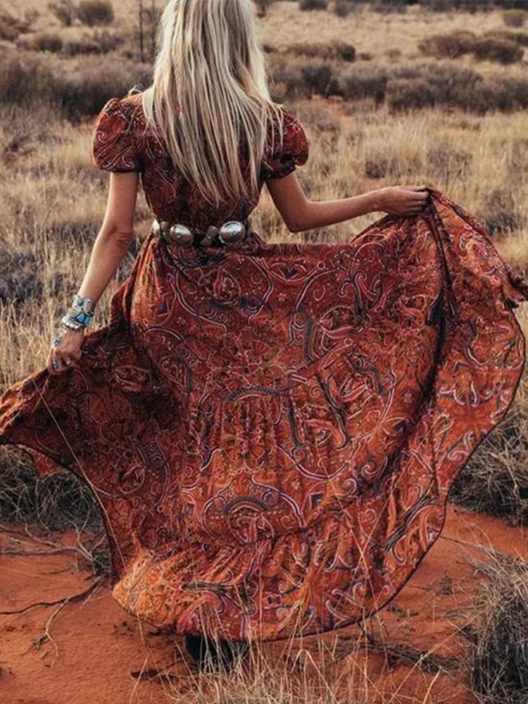 Elegant High Waist Bohemian Floral Print Maxi Boho Dress