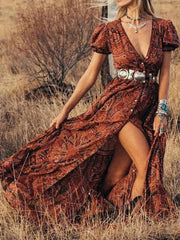 Elegant High Waist Bohemian Floral Print Maxi Boho Dress