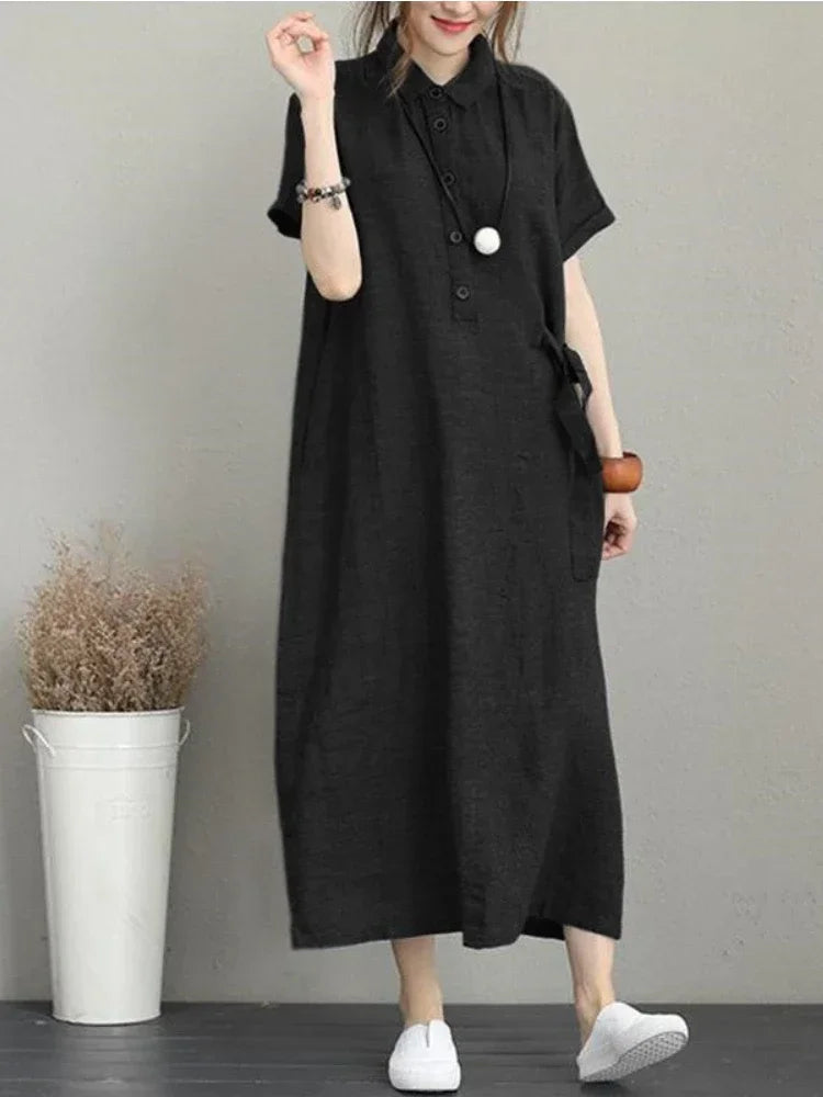Summer Cotton Linen Vintage Casual Loose Mid length Maxi Dress